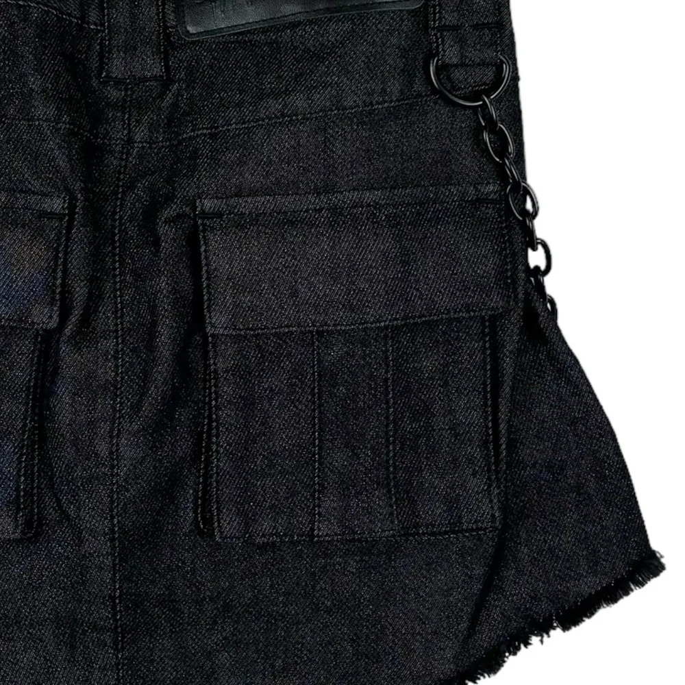 DOLLS KILL DARKER WAVS BLACK WASHED CARGO MINI SKIRT CHAIN GARTER LEG WARMERS - Picture 11 of 12